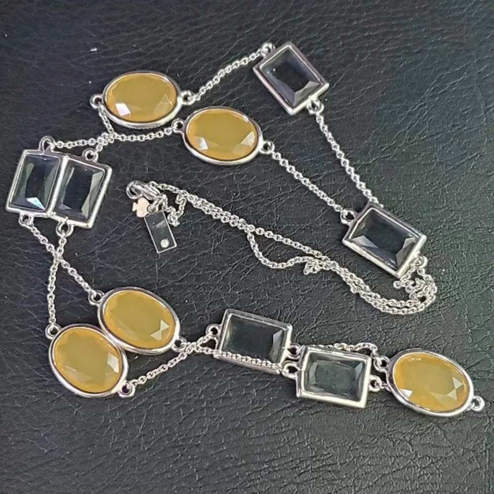 Kate Spade New York Silver Tone Yellow and Gray Stone Station Long Necklace